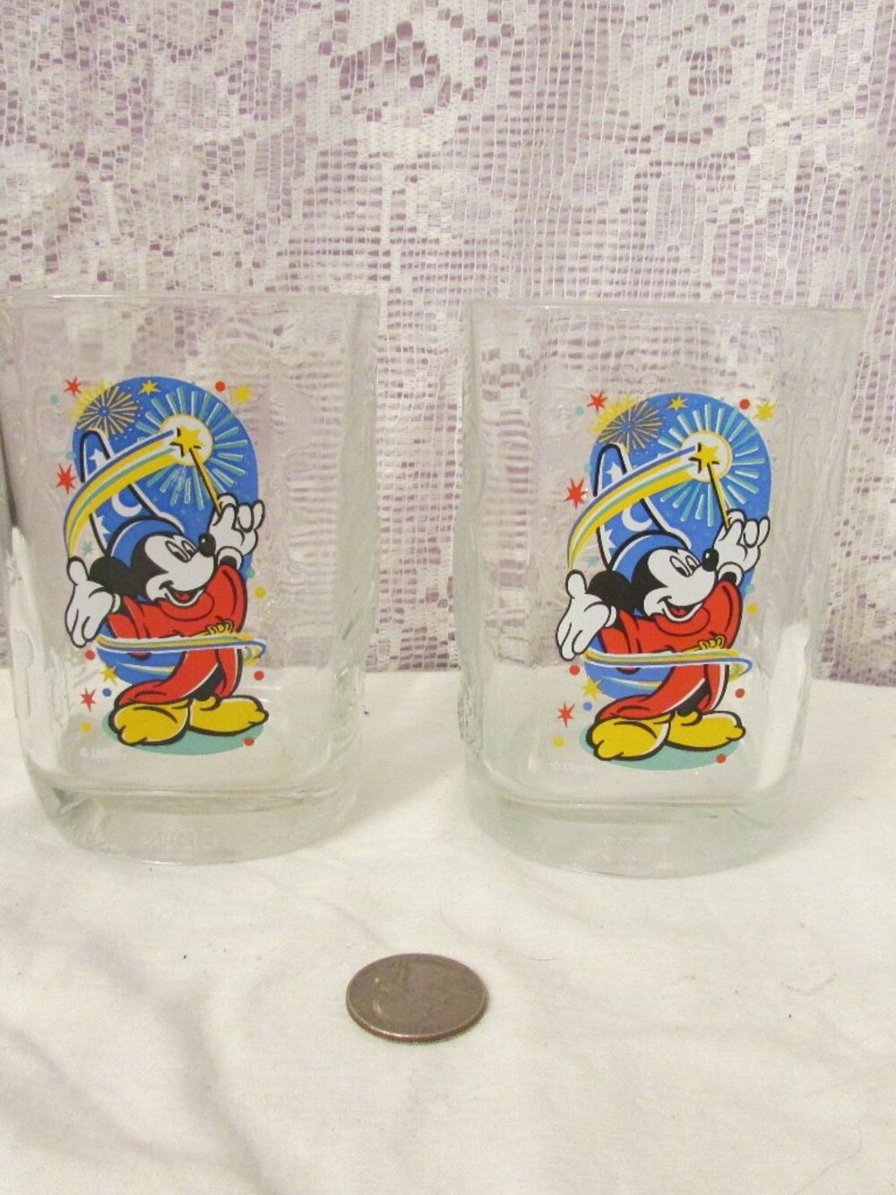 Vintage Disney Mcdonalds Mickey Mouse Wizard Square Drink Glass Lot of 2